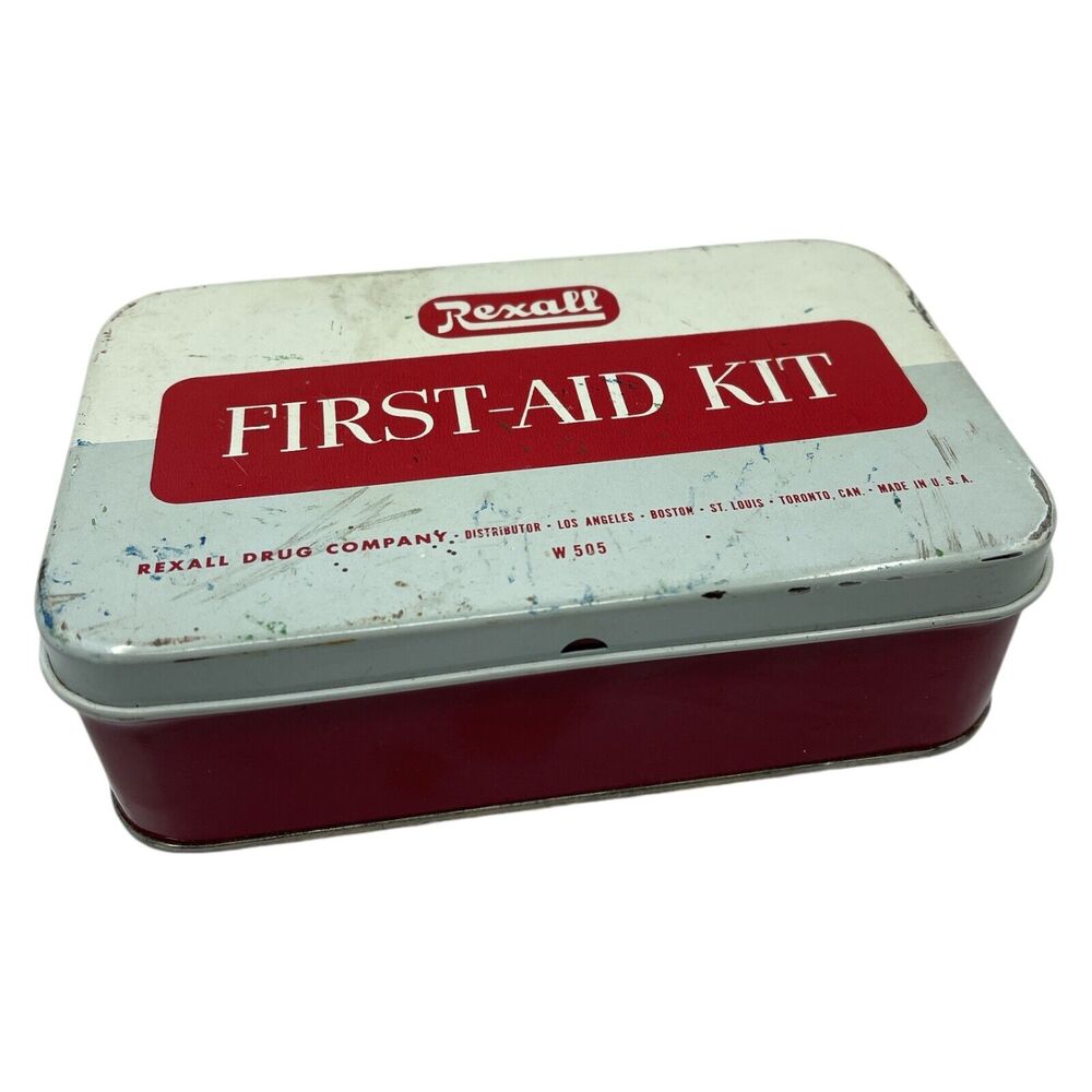 Vintage Rexall First Aid Kit Tin with Some Original‎ Supplies Instructions Gauze